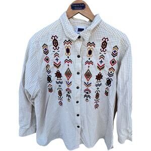 Vintage CST Sport Embroidered Aztec Western Beige Size 24W Button down